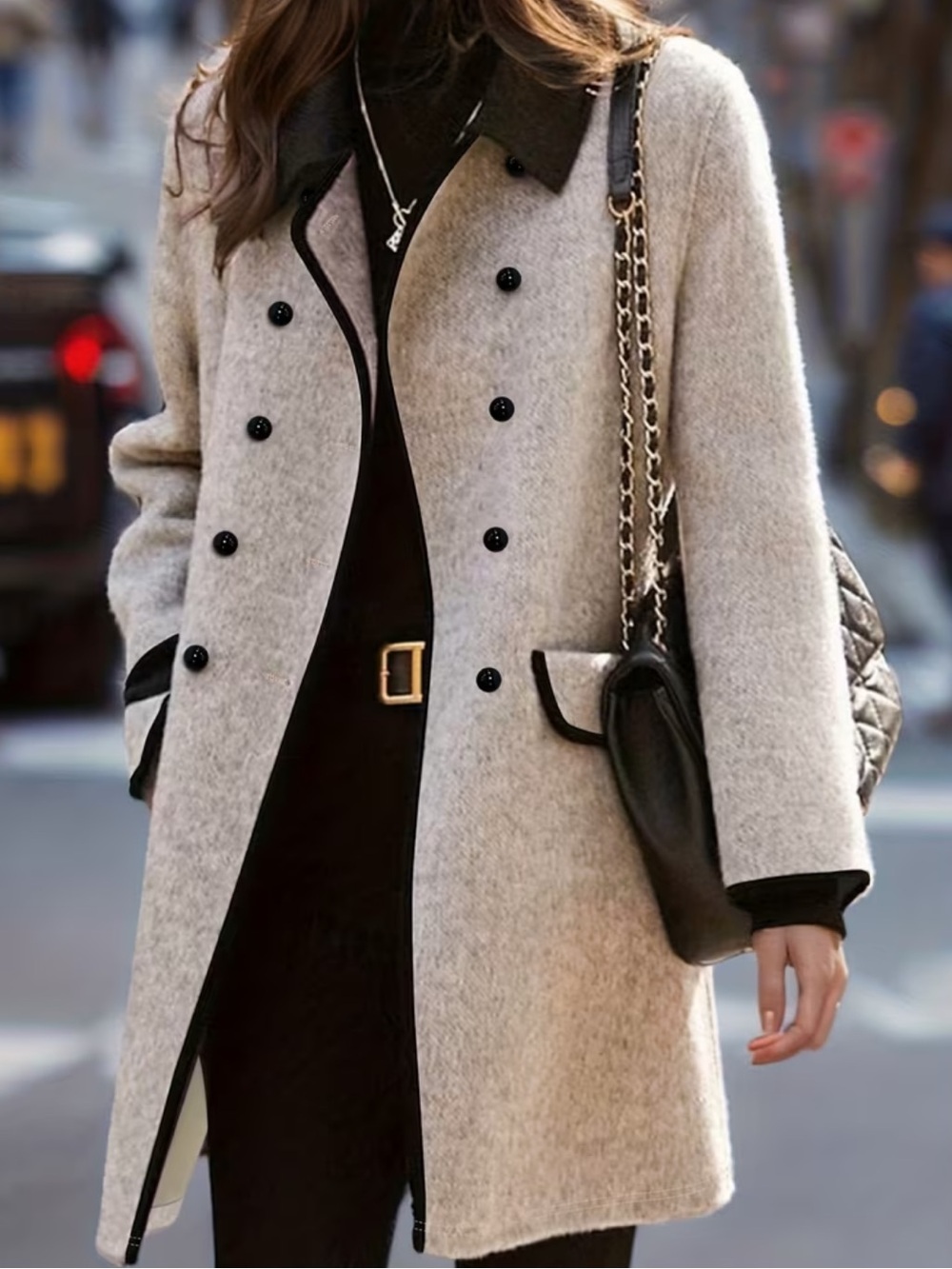 Women'S Fleece-Lined Coat, Double-Breasted Turn-Collar Warm Outerwear with Pocke
